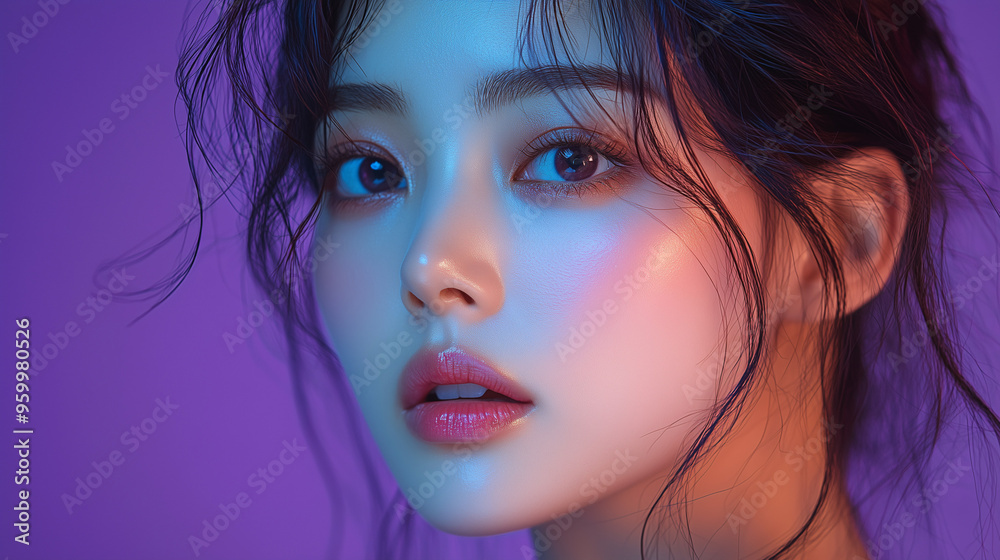 A portrait of a Korean woman with illuminated features against a vibrant purple background during a photoshoot A portrait of a Korean woman with illuminated features against a vibrant purple background during a photoshoot