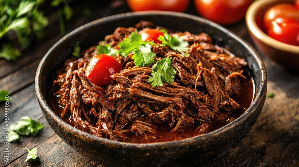 Barbacoa, slow-cooked shredded meat, typically beef or lamb. Barbacoa, slow-cooked shredded meat, typically beef or lamb.