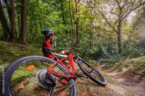 Rest after bike ride, cyclist enjoy view of summer sunny forest