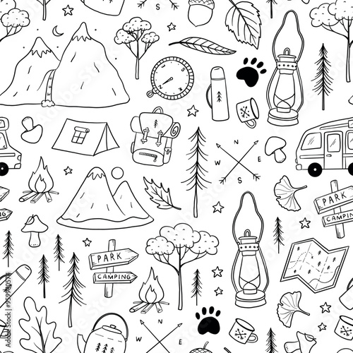 Camping seamless pattern with monochrome doodles for coloring books, textile prints, backgrounds, wallpaper, packaging, wrapping paper, scrapbooking, etc. EPS 10