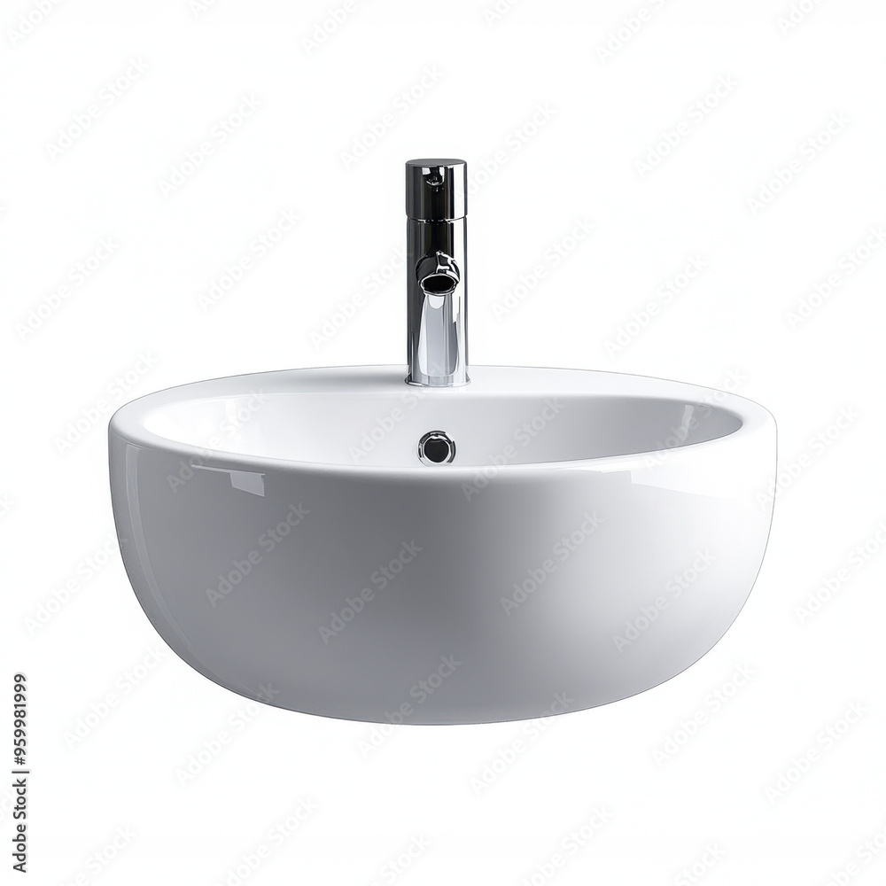 A minimalist white ceramic bathroom sink with a chrome faucet, isolated on a white background, ideal for modern interior design themes. A minimalist white ceramic bathroom sink with a chrome faucet, isolated on a white background, ideal for modern interior design themes.