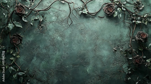 Fototapeta Naklejka Na Ścianę i Meble -  Extremely dark green concrete wall surface background. Intricate creative floral frame with black roses. Vignette fantasy rose frame