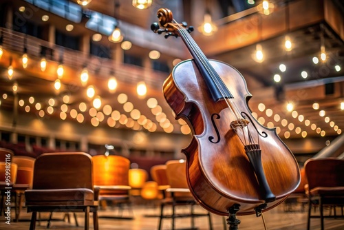 Elegant dark-wood cello with intricate carvings and strings, placed on a wooden music stand, surrounded by sheets of music, against a blurred background of concert hall lights. photo