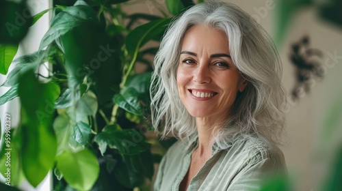 Bright, modern interior featuring a mature woman with silver hair, smiling softly among green plants, capturing elegance and serenity.