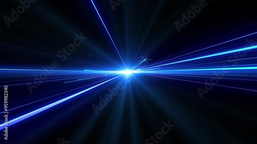 Bright radial light beams. Abstract background in blue neon glow color. Light burst in universe. Space background for event, party, carnival, celebration, anniversary or other.
