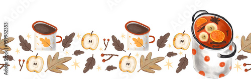 Illustration of a seamless border on the theme of autumn. An apple, a cup of fragrant tea, leaves.