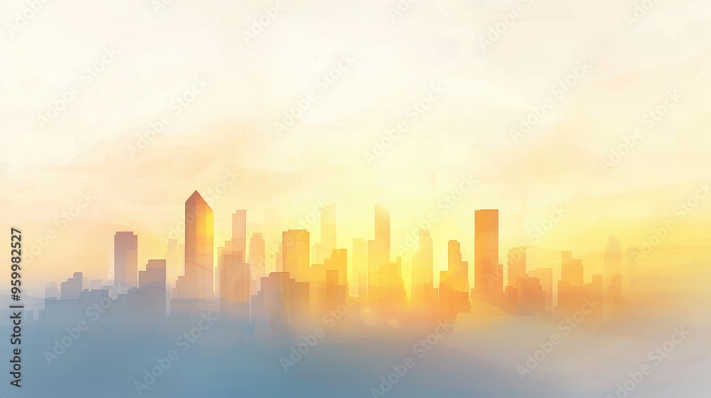 City skyline at sunrise, golden light casting shadows, peaceful ambiance, watercolor style City skyline at sunrise, golden light casting shadows, peaceful ambiance, watercolor style