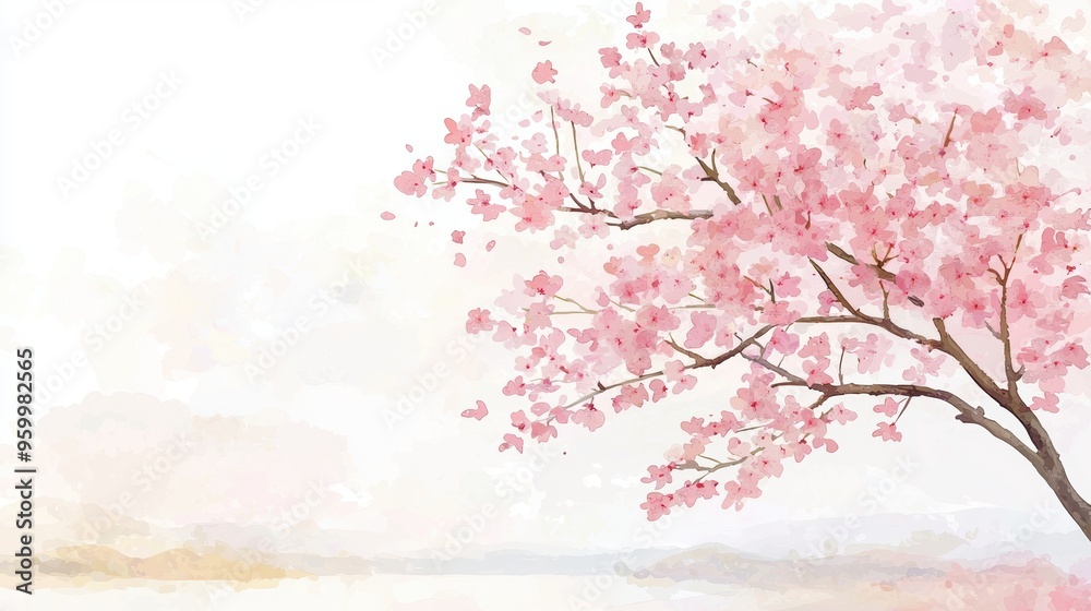 Fototapeta premium Blossoming cherry tree, delicate pink flowers, early spring morning, watercolor style