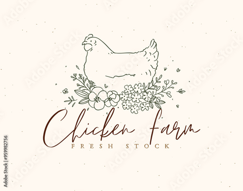Obraz na płótnie Chicken farm fresh stock illustration sign drawing in floral design on beige background w salonie