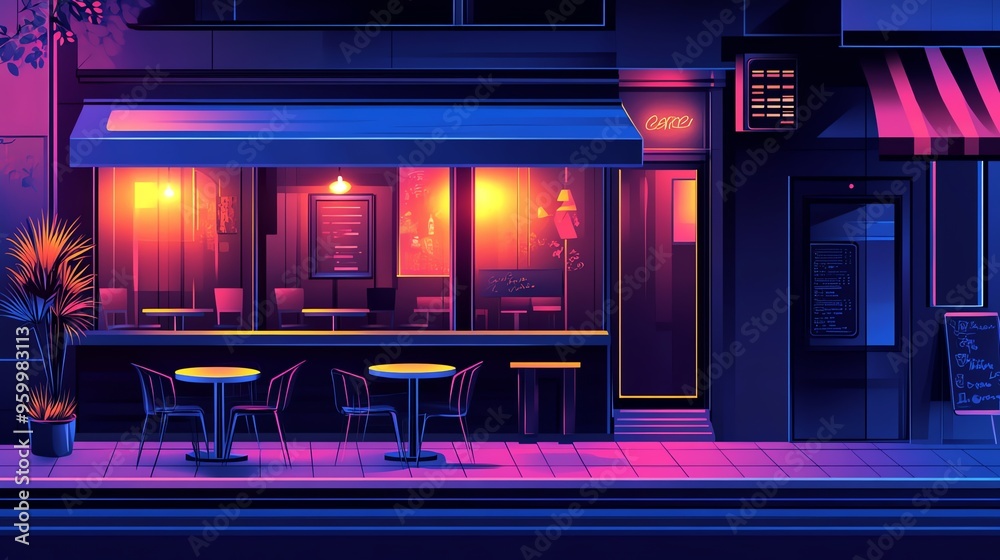Nighttime View of a Cafe with Neon Lights and Outdoor Seating Nighttime View of a Cafe with Neon Lights and Outdoor Seating
