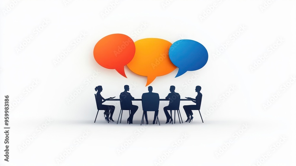 Silhouettes of people at a roundtable, diverse speech bubbles, silhouette conversation bubble, global discussion