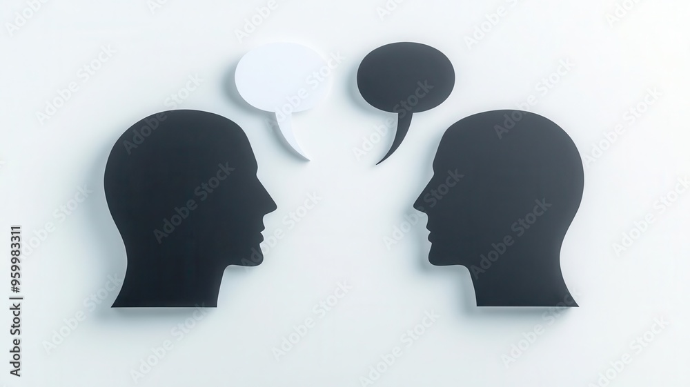Two silhouetted heads facing each other with contrasting speech bubbles, silhouette conversation bubble, debate concept Two silhouetted heads facing each other with contrasting speech bubbles, silhouette conversation bubble, debate concept