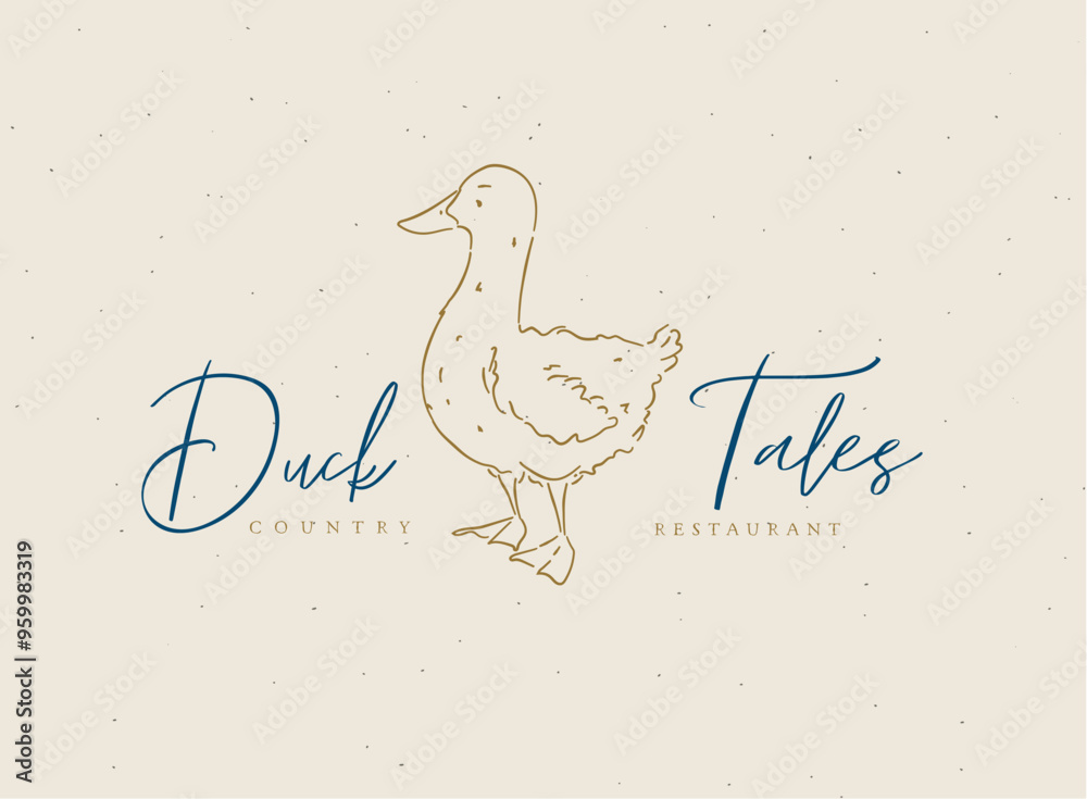 Duck tales country restaurant sign with inscription drawing on beige background