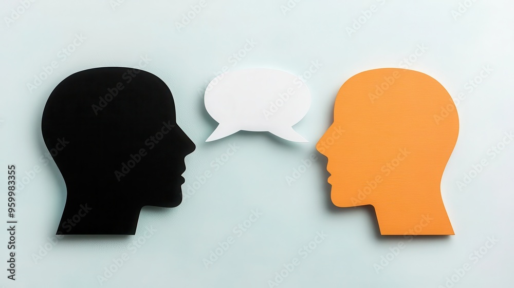 Two silhouetted heads facing each other with contrasting speech bubbles, silhouette conversation bubble, debate concept Two silhouetted heads facing each other with contrasting speech bubbles, silhouette conversation bubble, debate concept