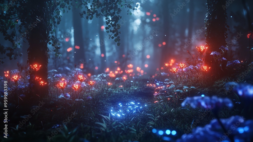 Fototapeta premium Serene Glowing Garden with Holographic Butterflies Digital Fantasy Nature