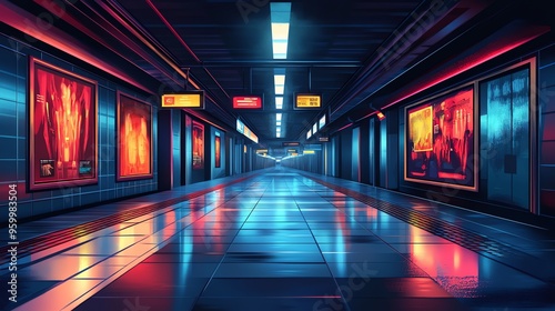 Empty Subway Corridor with Vibrant Neon Lights and Advertisements