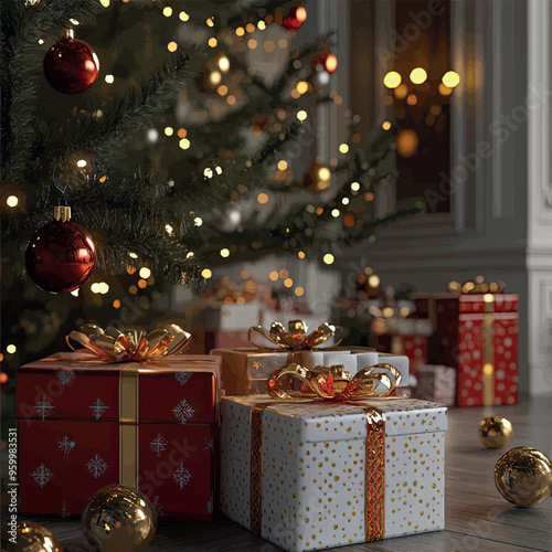 Christmas gifts close-up under a decorated New Year tree.Vector.Holiday illustration,template for a greeting card.