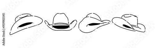 Set line drawing of cowboy hat. Isolated on white background. Vector illustration.
