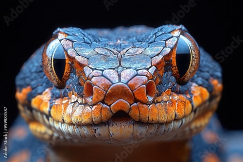 majestic pit viper in dramatic studio portrait intense gaze scales glistening chiaroscuro lighting dark background hyperrealistic detail photo