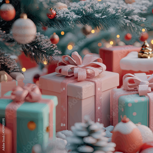 Christmas gifts close-up under a decorated New Year tree.Vector.Holiday illustration,template for a greeting card.