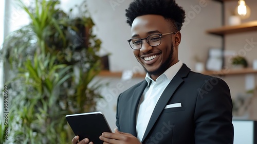 Smiling businessman using digital tablet while standing in office. photo