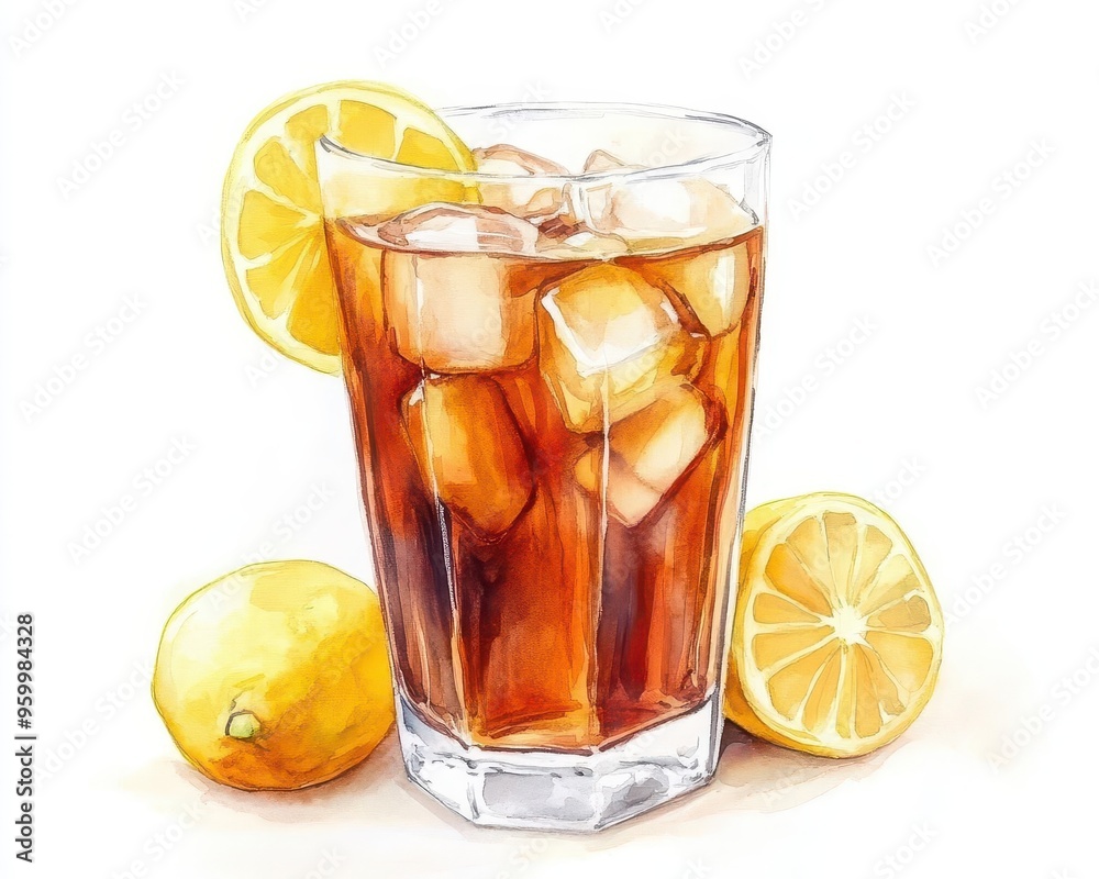 A glass of iced tea with lemon slices, refreshing summer beverage, watercolor illustration, isolated on white background A glass of iced tea with lemon slices, refreshing summer beverage, watercolor illustration, isolated on white background