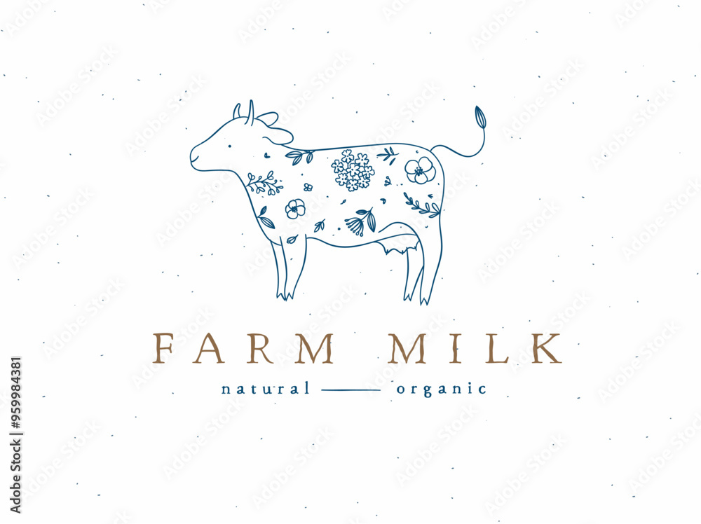 Cow with floral arrangement and inscription natural organic farm milk drawing with blue on beige background