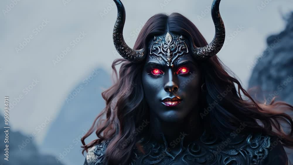 a mystical dark fantasy woman with horns, glowing eyes and long flowing ...