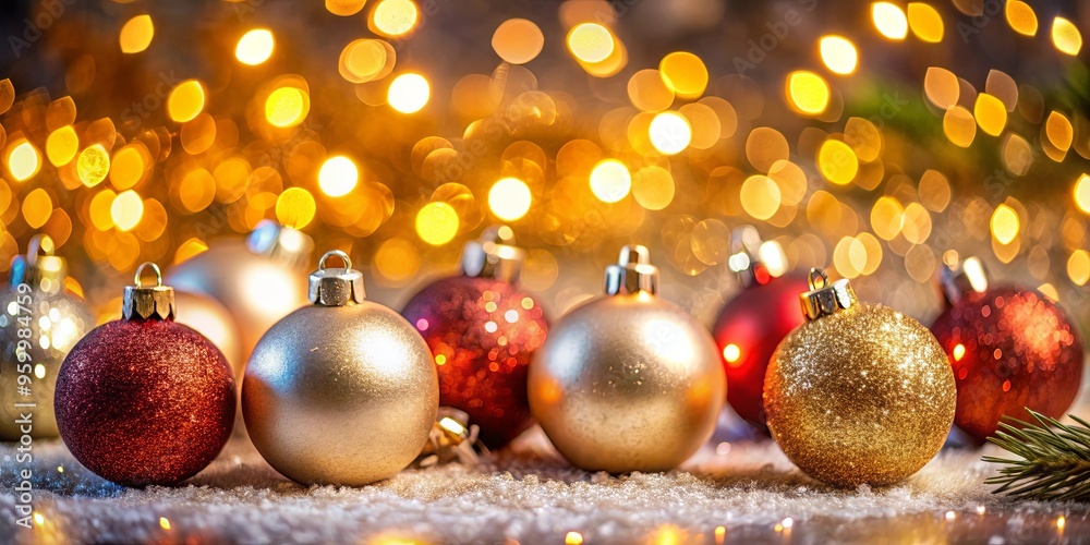 Glittering Christmas ornaments and bokeh lights creating a festive ambience Glittering Christmas ornaments and bokeh lights creating a festive ambience
