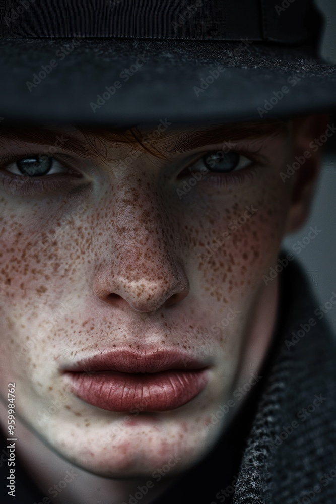 Close-up of a male model wearing a hat. Close-up of a male model wearing a hat.