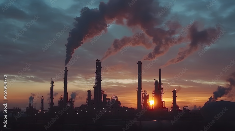 A sunset over a city with a large industrial area. The sky is filled with smoke from the factories A sunset over a city with a large industrial area. The sky is filled with smoke from the factories