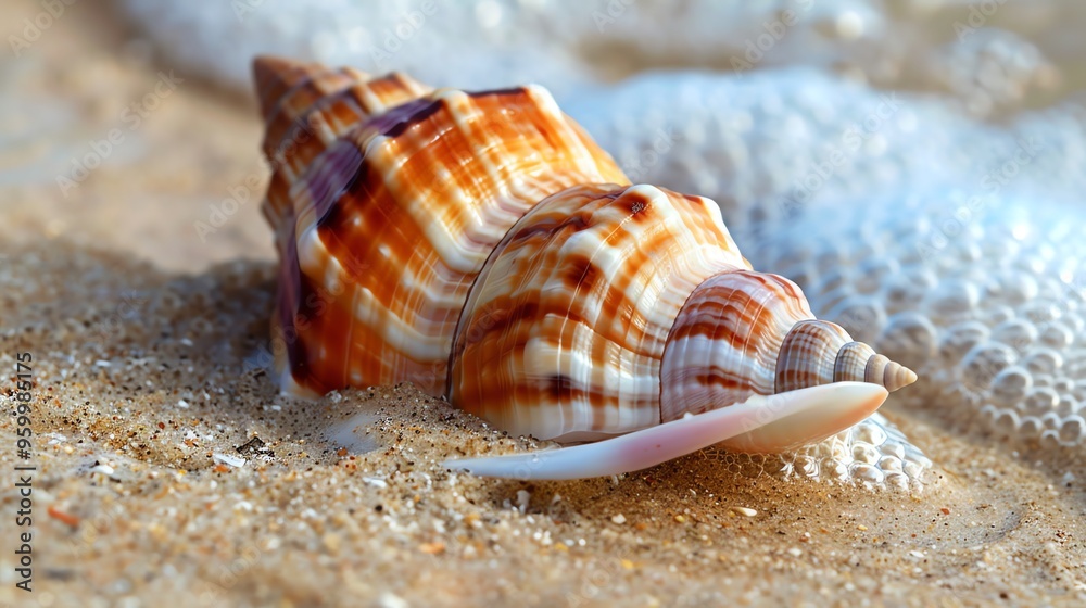 A seashell on a sandy beach with foamy water in the background. A seashell on a sandy beach with foamy water in the background.