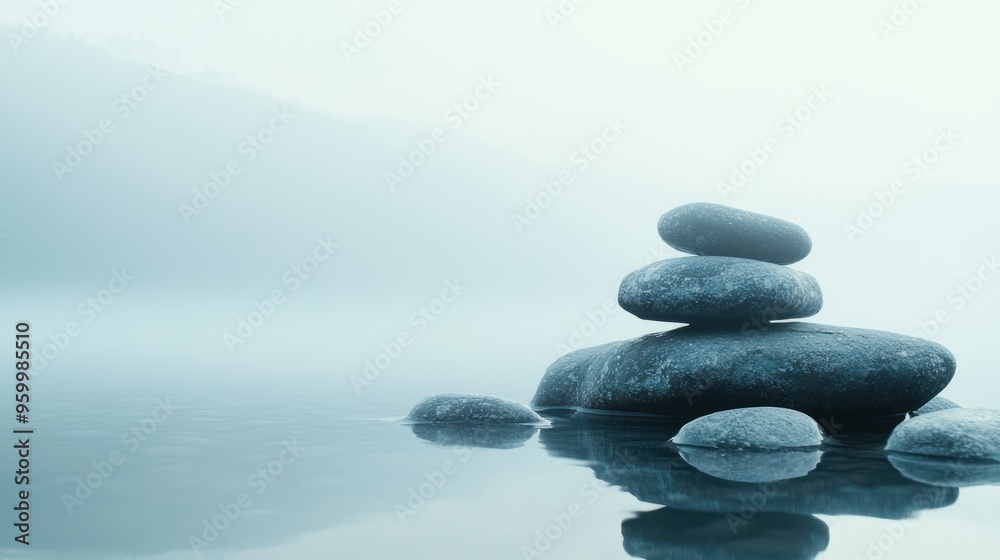 A peaceful zen background with light fog drifting over a calm, rocky landscape. A peaceful zen background with light fog drifting over a calm, rocky landscape.