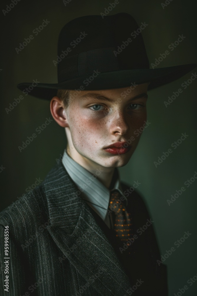 A young man in a suit and black hat. The expression on his face is serious, looking straight into the camera. A young man in a suit and black hat. The expression on his face is serious, looking straight into the camera.