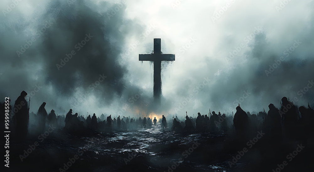 “A Cross Stands Tall in the Middle of a Battlefield, Surrounded by Smoke and Debris, Symbolizing Hope, Faith, and Resilience Amidst Chaos and Destruction, Perfect for Themes of War, Spiritual Strength “A Cross Stands Tall in the Middle of a Battlefield, Surrounded by Smoke and Debris, Symbolizing Hope, Faith, and Resilience Amidst Chaos and Destruction, Perfect for Themes of War, Spiritual Strength