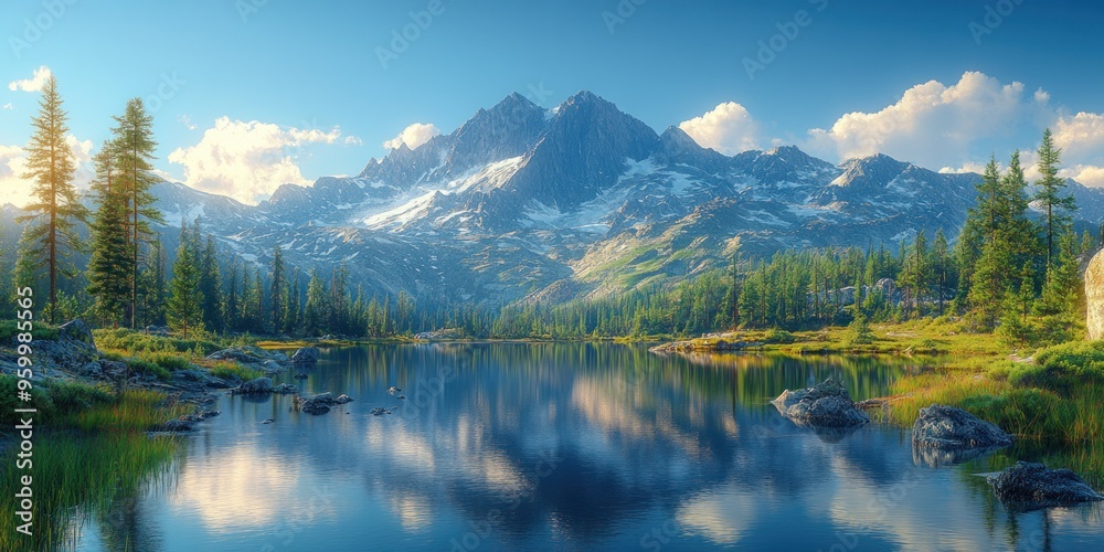Mountain Lake Reflection with Evergreen Trees and Blue Sky Mountain Lake Reflection with Evergreen Trees and Blue Sky
