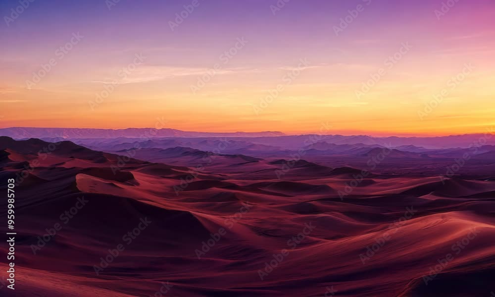 A serene desert landscape at sunset, with towering sand dunes and the warm glow of twilight. Video A serene desert landscape at sunset, with towering sand dunes and the warm glow of twilight. Video