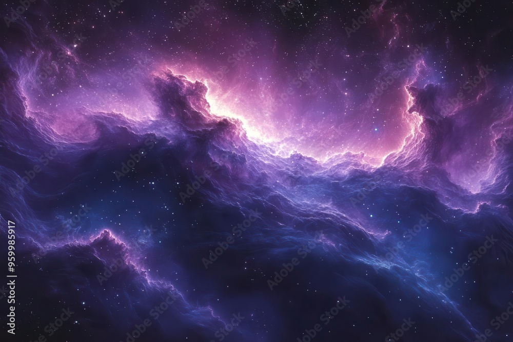 Fototapeta premium mesmerizing swirls of deep purple and cosmic blues blend in dreamlike space scene nebulas and distant stars create sense of infinite wonder and celestial beauty