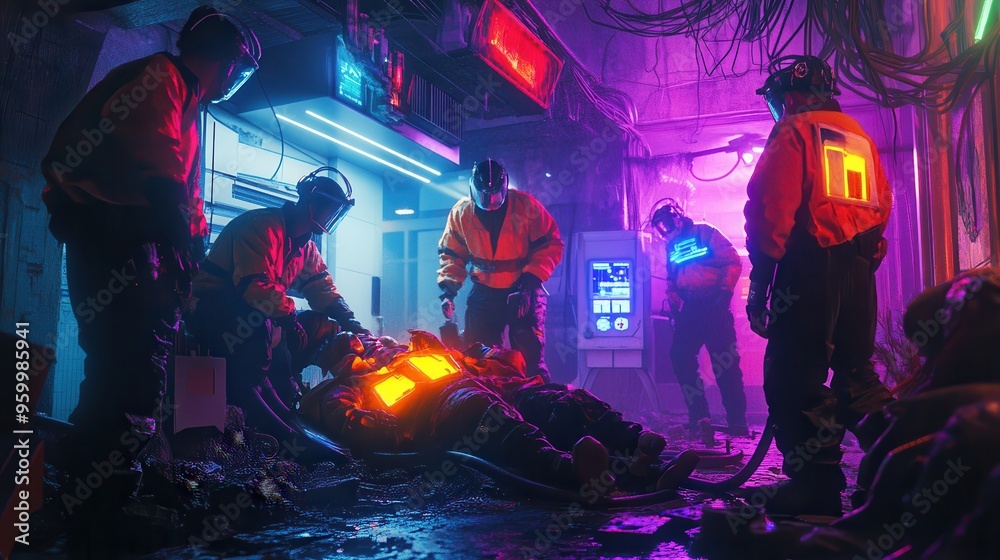 Obraz premium Cyberpunk Paramedics Saving Earthquake Survivor with Futuristic Medical Equipment Amid Neon Lights and Dark Tones