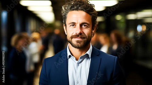 A man with a beard is standing in front of a crowd of people, portrait of a man, portrait of a perso