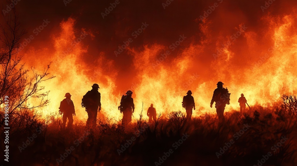 Courage in Chaos: Emergency Workers Evacuating People During Wildfire Illustration Courage in Chaos: Emergency Workers Evacuating People During Wildfire Illustration