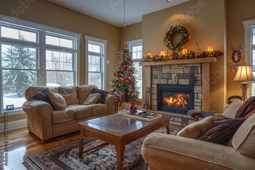 warm winter in cozy living room with fireplace