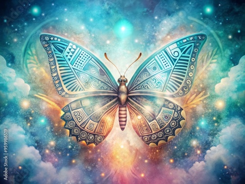 Airbrushed Butterfly Aztec Pattern Illustration delicate ethereal mood dreamy atmospheric style mystical ancient photo