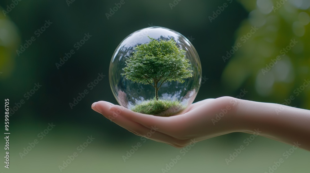 Sustainable future concept with a tree encased in a clear globe, hand supporting nature, 3D illustration