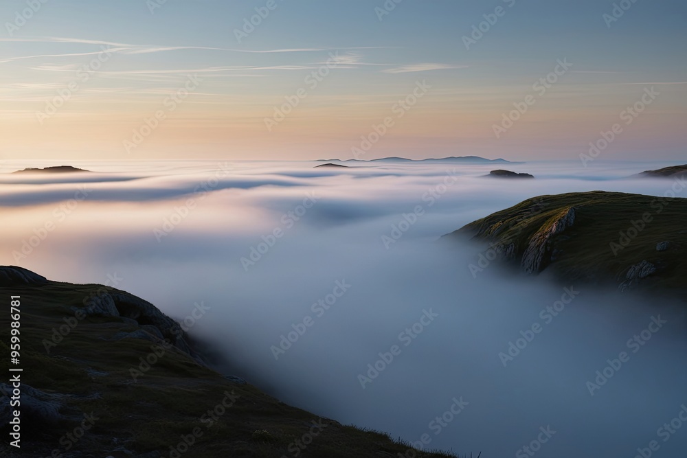 Fototapeta premium Translucent Fog Blankets Pristine Backgrounds with Vivid Atmospheric Modeling