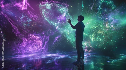 In a captivating immersive environment, a digital artist manipulates floating holographic visuals with hands, showcasing their creative prowess and innovation