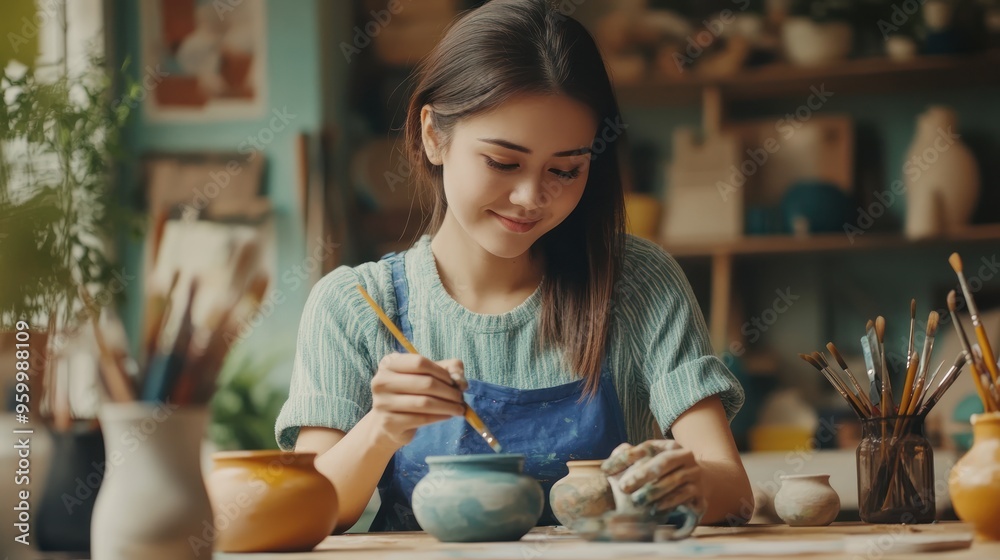 Asian woman painting colorful pottery at home. Asian woman painting colorful pottery at home.