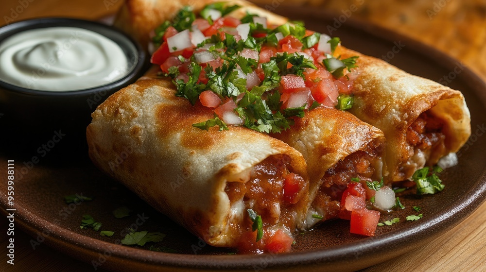 Chimichanga, deep-fried burrito, served with salsa and sour cream. Chimichanga, deep-fried burrito, served with salsa and sour cream.