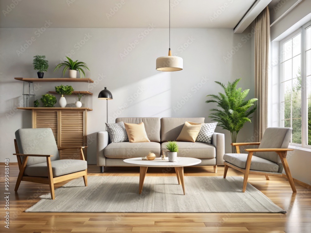 A minimalist living room design includes a low-profile couch, accent chair, and low-slung coffee table positioned on a A minimalist living room design includes a low-profile couch, accent chair, and low-slung coffee table positioned on a