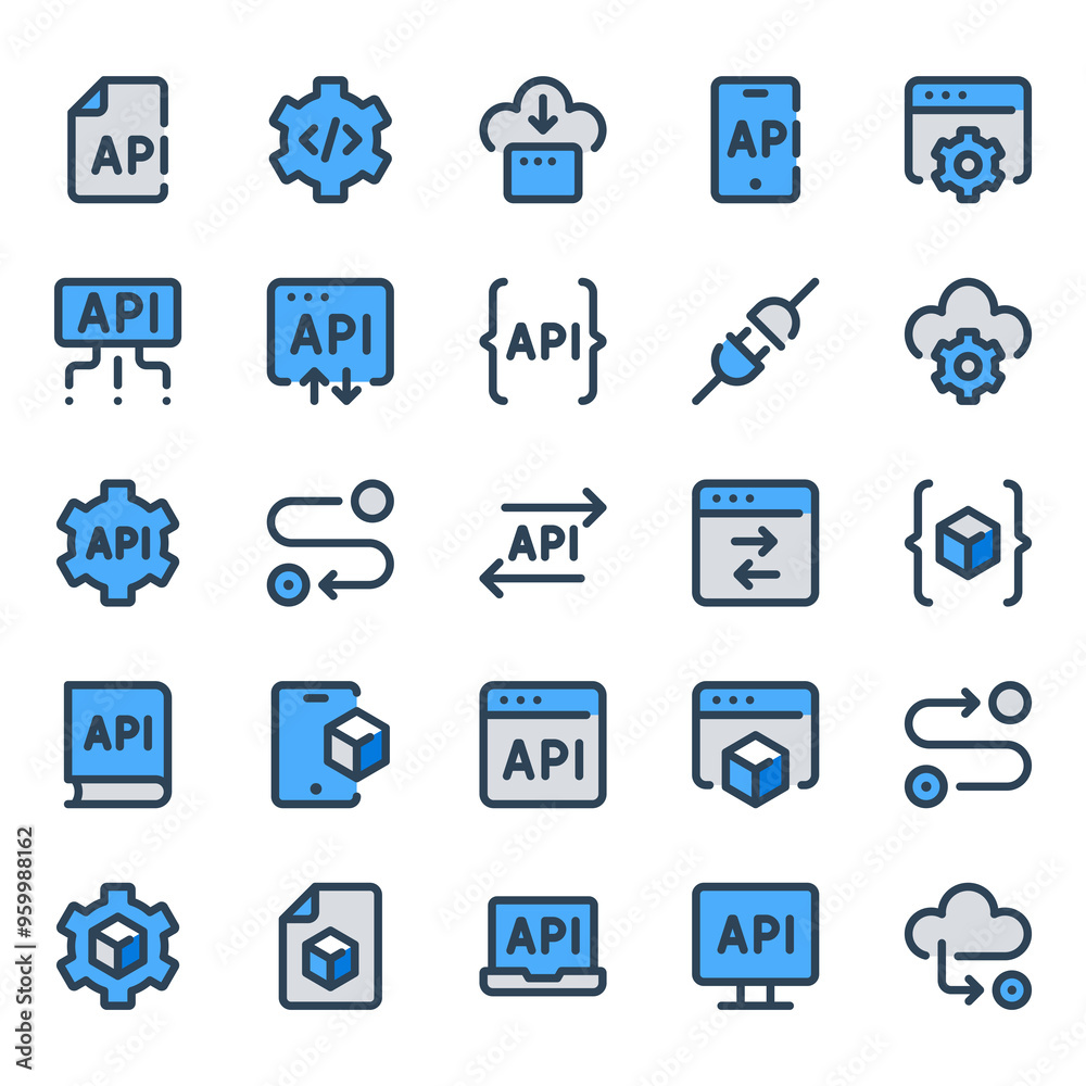 Filled blue outline icons set for Application programming interface Filled blue outline icons set for Application programming interface